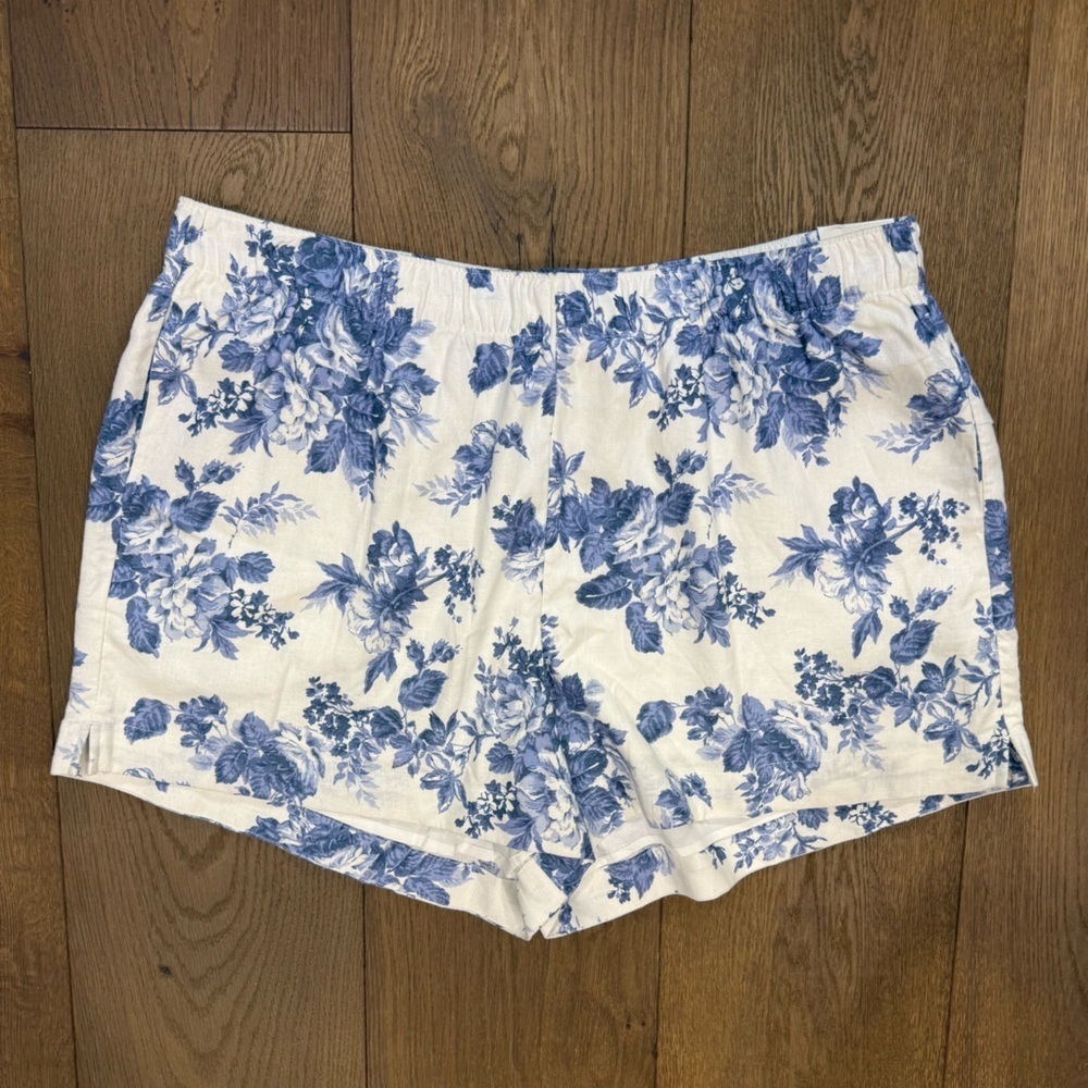 Abercrombie Ultra High Rise Linen Blend Floral Shorts Blue White Toile XXL 3"